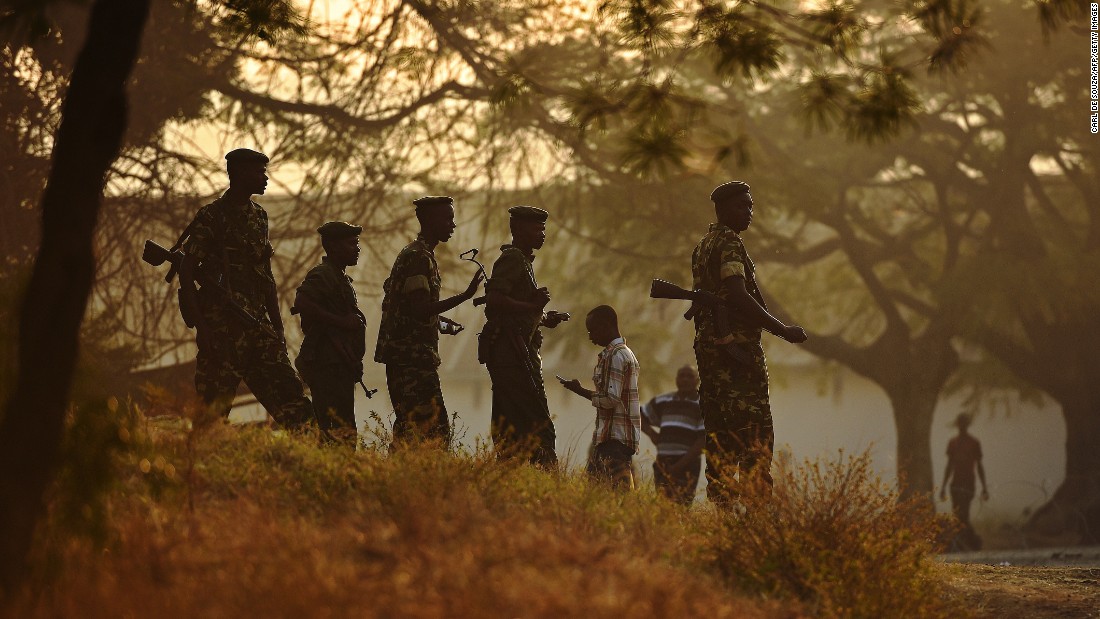 Soldiers guard a polling station in Bujumbura on July 21.