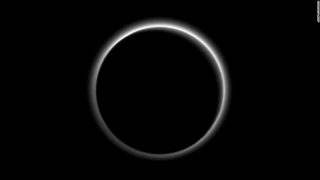 This new image of Pluto is stunning planetary scientists. It shows the small world&#39;s atmosphere, backlit by the sun. NASA says the image reveals layers of haze that are several times higher than predicted. The photo was taken by the New Horizons spacecraft seven hours after its closest approach to Pluto on July 14. New Horizons was about 1.25 million miles from Pluto at the time.