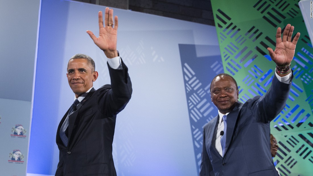 Obama and Kenyatta wave July 25 as they leave the Global Entrepreneurship Summit at the United Nations Compound in Nairobi.