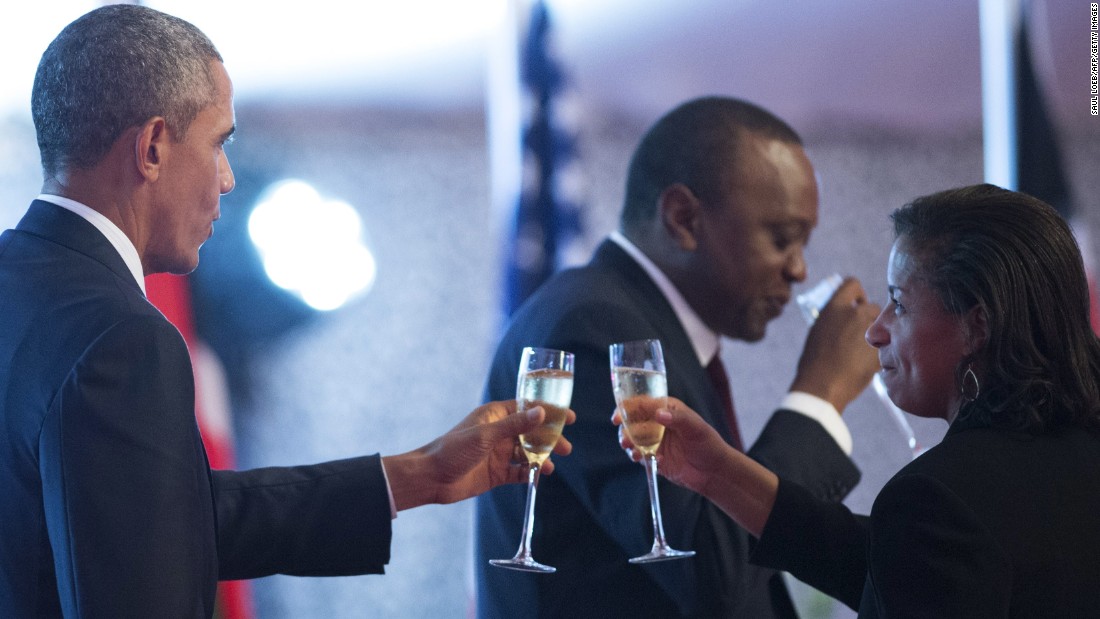 Obama and national security adviser Susan Rice share a toast during a state dinner in Nairobi on Saturday, July 25.  