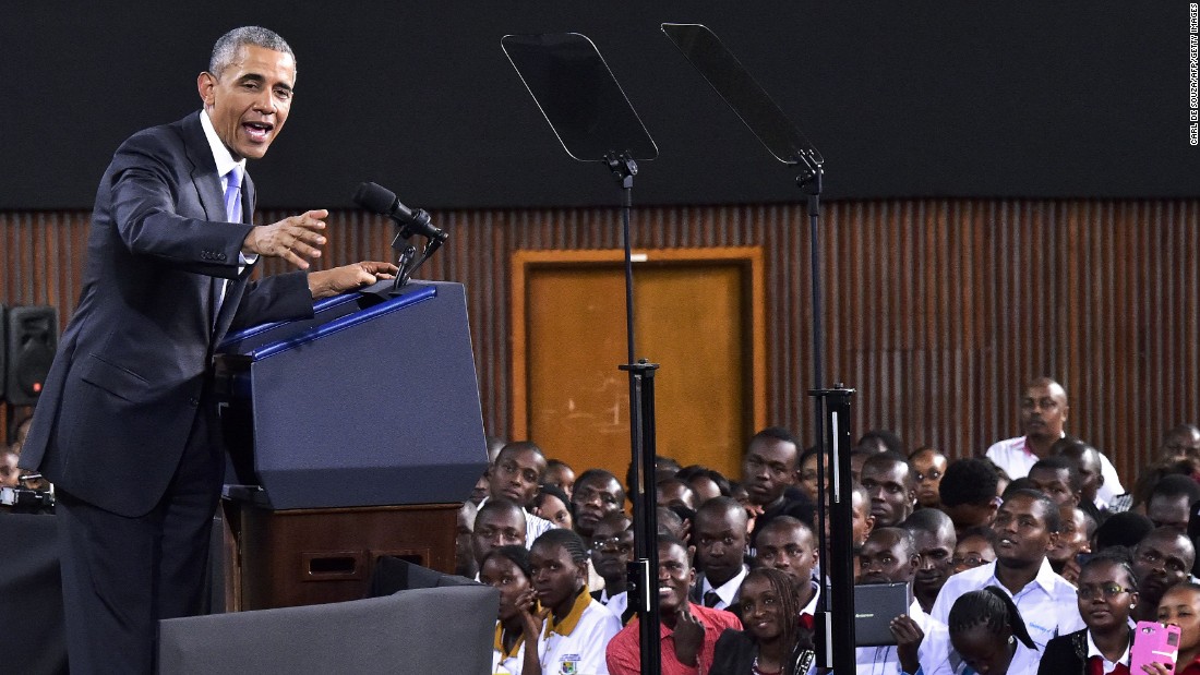 Obama speaks at the Moi International Sports Center in Nairobi on July 26. He offered his own personal history as evidence that all Africans have the potential to rise from even the most difficult circumstances.