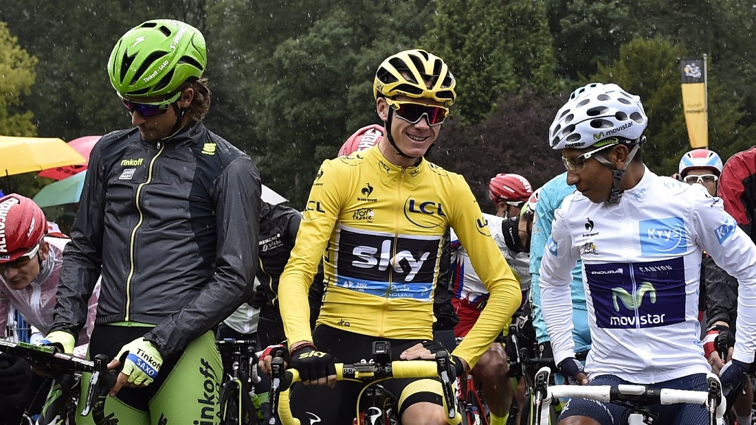 Froome lines up before the start of the final stage with white jersey winner and second placed Nairo Quintana and green jersey winner Peter Sagan.