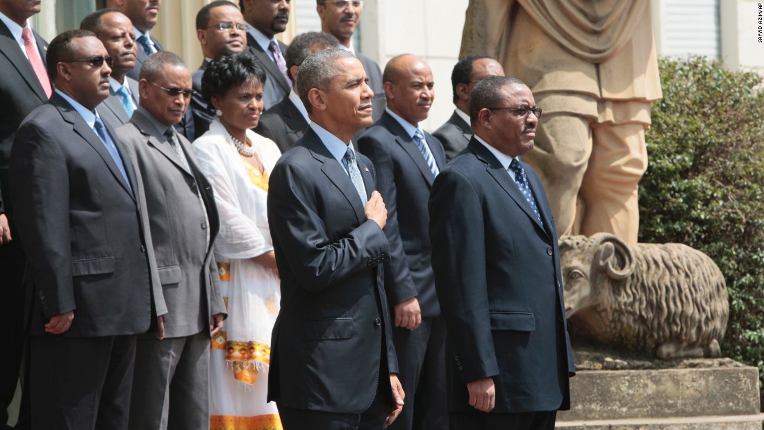 Obama and Desalegn review an honor guard at the National Palace on July 27.