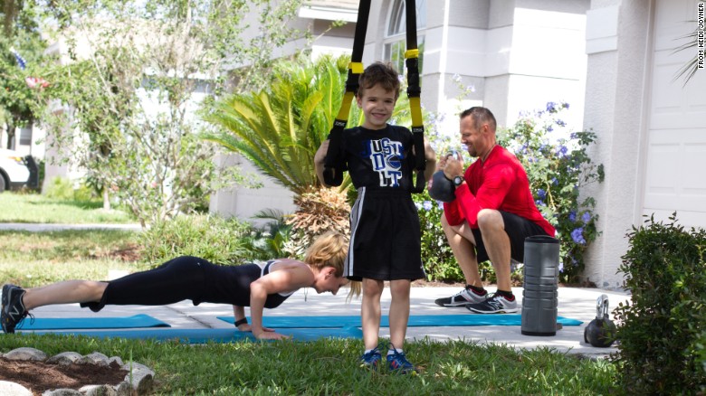 Think you don&#39;t have time to exercise? Try involving the whole family. If you have a driveway, sidewalk, small playground or park, you have enough space. Click through the gallery for a sample workout with Dana Santas, her husband, Donovan, and 6-year-old son, Luke.