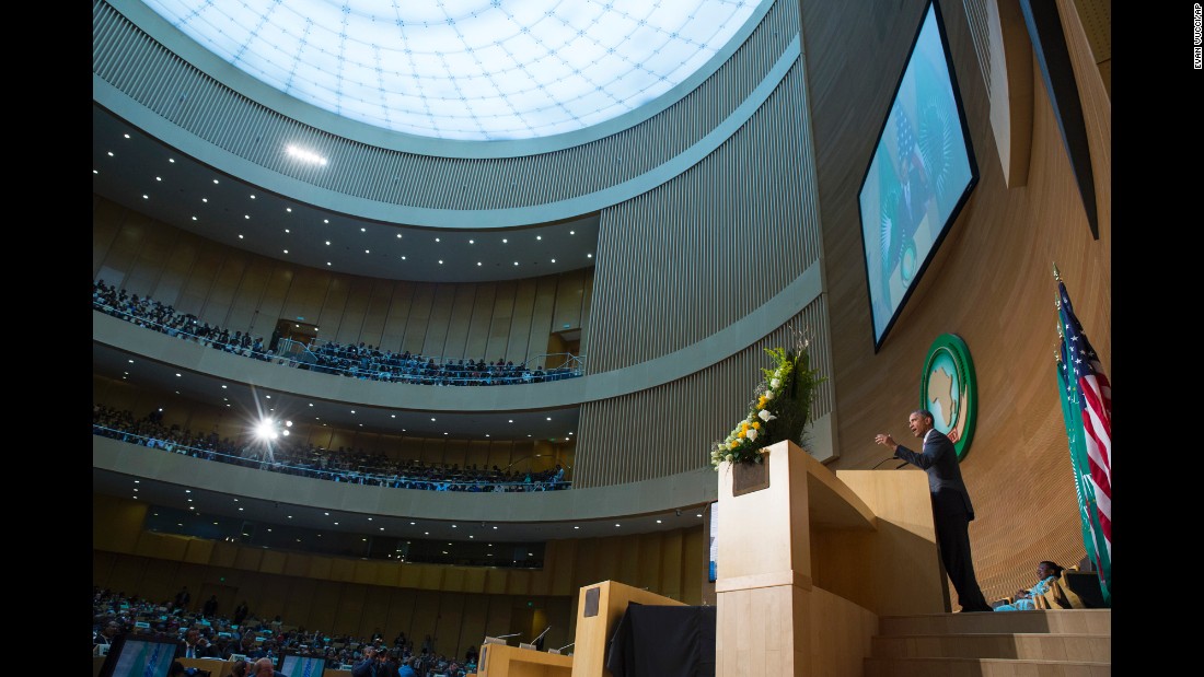 President Barack Obama delivers a speech to the African Union in Addis Ababa, Ethiopia, on Tuesday, July 28. Obama is the first American leader to visit Ethiopia, Africa&#39;s second-most populous nation. The visit follows a brief trip to Kenya, Obama&#39;s first visit to his father&#39;s homeland as commander in chief.