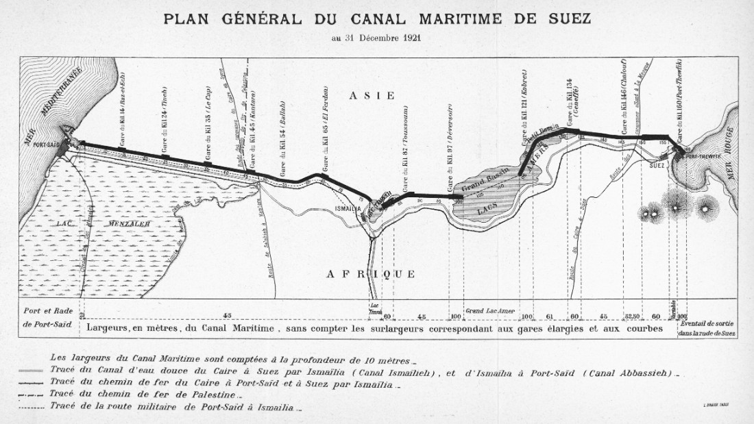 A 1921 map of the Suez Canal, running south from Port Said on the Mediterranean, through Ismailia and the Great Bitter Lake, to the Gulf of Suez on the Red Sea.