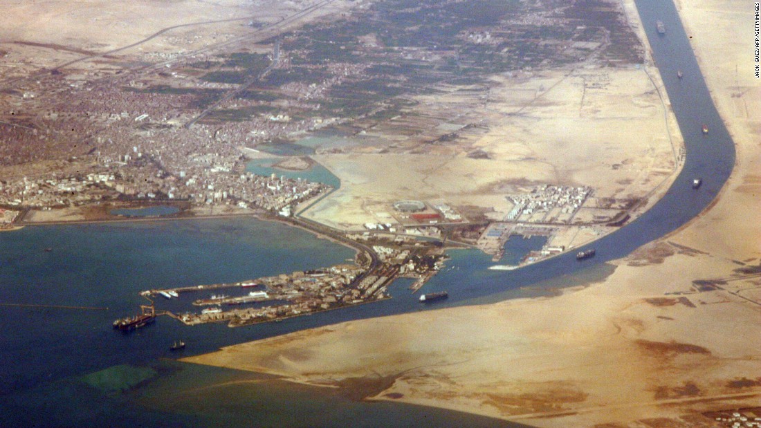 An aerial view taken on December 31, 2007 shows the southern entrance of the Suez Canal.