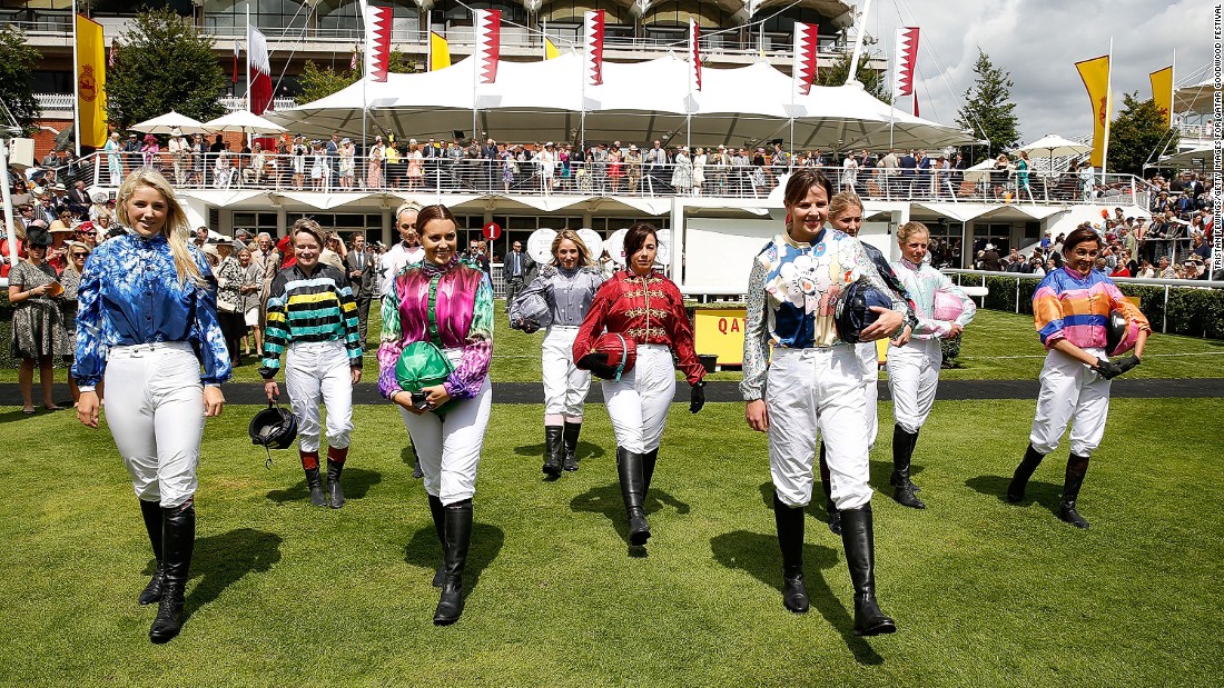 Here come the girls! The 10 jockeys competing in this year&#39;s Magnolia Cup at the Qatar Goodwood Festival. Each rider wears a specially-made racing silk created by top designers, including fashion legend Vivienne Westwood.