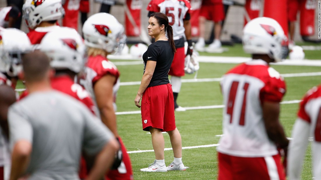 Jennifer Welter, a veteran player on professional women&#39;s football teams, became the National Football League&#39;s first female coach when she was hired as a training camp and preseason intern for the Arizona Cardinals in 2015. Welter is also the first woman to coach in a men&#39;s professional football league, having been named a coach for the Indoor Football League&#39;s Texas Revolution.