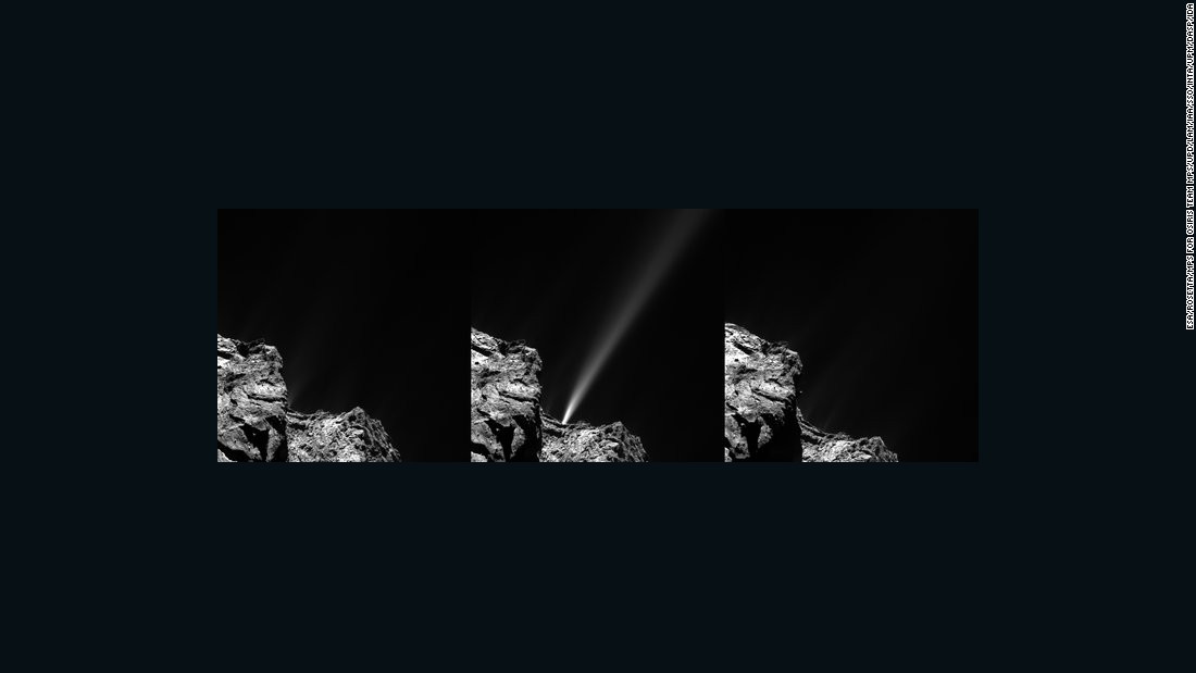 The Rosetta spacecraft captured this &lt;a href=&quot;http://www.esa.int/Our_Activities/Space_Science/Rosetta/Comet_s_firework_display_ahead_of_perihelion&quot; target=&quot;_blank&quot;&gt;image of a jet of white debris&lt;/a&gt; spraying from Comet 67P/Churyumov--Gerasimenko on July 29, 2015. Mission scientists said this was the brightest jet seen to date in the mission. The debris is &lt;a href=&quot;https://solarsystem.nasa.gov/planets/profile.cfm?Object=Comets&amp;Display=OverviewLong&quot; target=&quot;_blank&quot;&gt;mostly of ice&lt;/a&gt; coated with dark organic material.