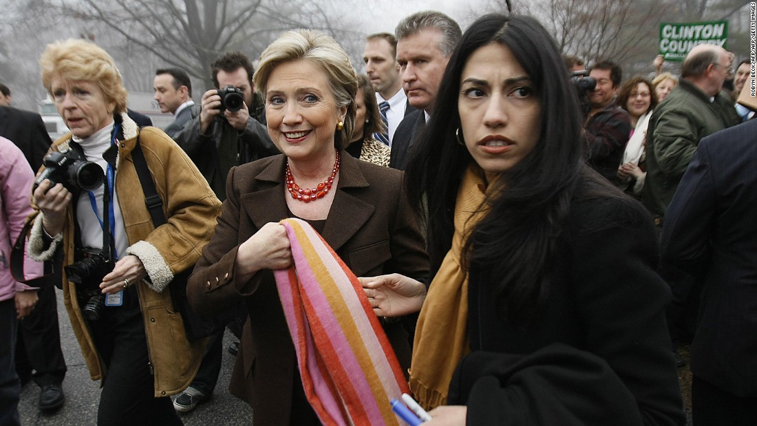 Abedin (right) accompanies then-Democratic presidential hopeful Sen. Hillary Clinton (D-New York) after Clinton voted in the Democratic primary election on February 5, 2008 in Chappaqua, New York.