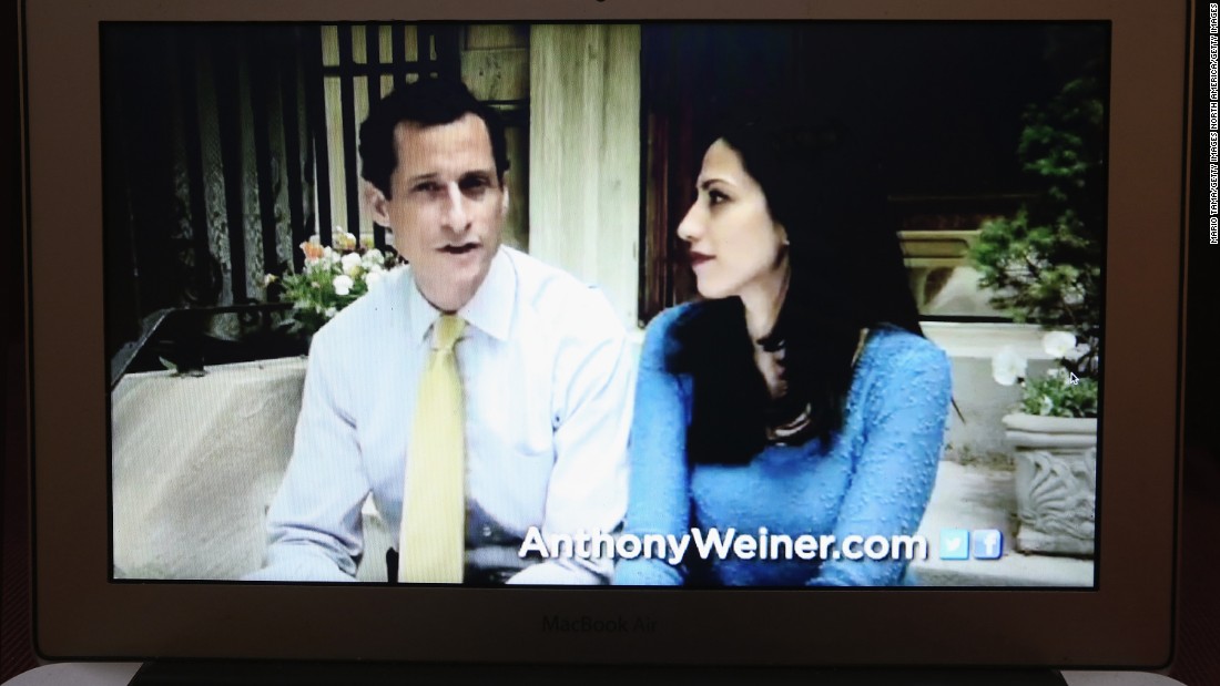 In this photo illustration, Weiner (left) appears with Abedin in a YouTube video announcing he will enter the New York City mayoral race on May 22, 2013. Weiner resigned from Congress in 2011 after admitting to tweeting lewd photos of himself and engaging in inappropriate online relationships with other women.