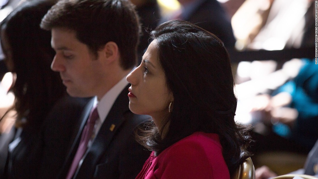 Abedin watches as Democratic presidential hopeful Hillary Clinton speaks during the David N. Dinkins Leadership and Public Policy Forum at Columbia University on April 29 in New York City.