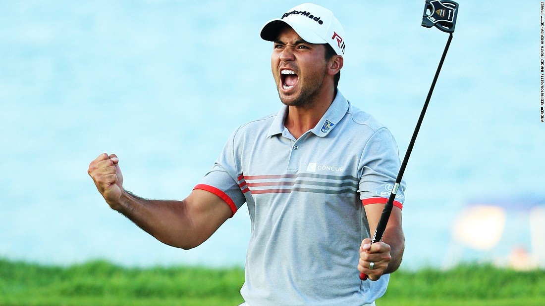 Day reacts after sinking a put on day three of the 2015 PGA Championship. The Australian is two shots clear going into the final day.