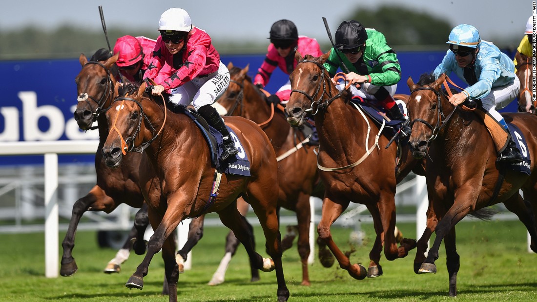 Bell leads the chasing pack riding Shell Bay at the Shergar Cup at Ascot Racecourse on August 8, 2015. The girl from Co. Antrim was the first apprentice jockey to take part in the professional team event. 