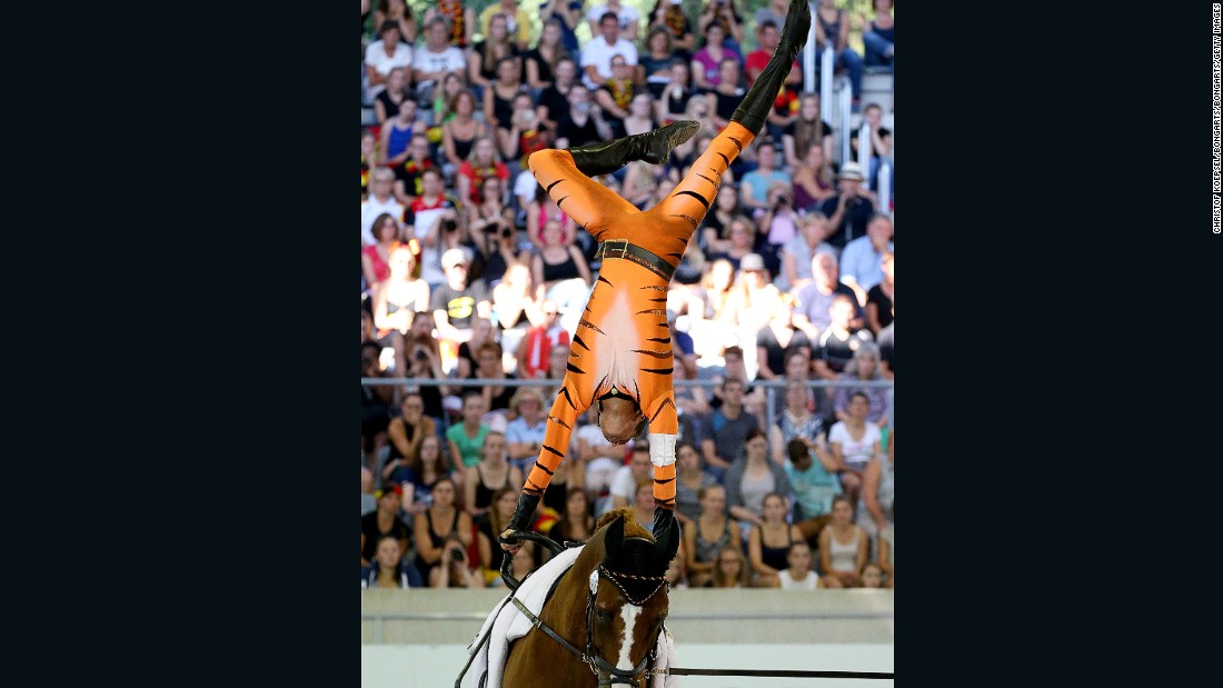 Thomas Bruesewitz, who was second in the final, performs on his horse Airbus in Aachen last August. 