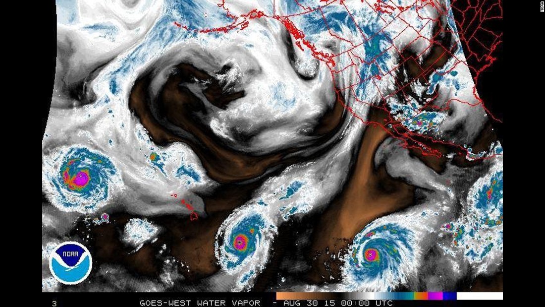 Three hurricanes are spinning in the eastern and central Pacific Ocean. This image shows the water vapor. This is the first time there have been three active hurricanes in the eastern or central Pacific this season, according to NASA. From left the storms are: Hurricane Kilo, Hurricane Ignacio and Hurricane Jimena. Ignacio prompted a tropical storm watch for portions of Hawaii on August 30.