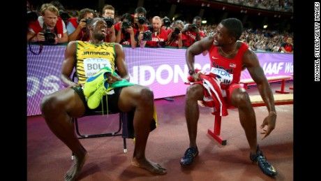 Usain Bolt talks with  Justin Gatlin after the Men&#39;s 200 metres final during day six of the 15th IAAF World Athletics Championships Beijing 2015 at Beijing National Stadium in 2015.