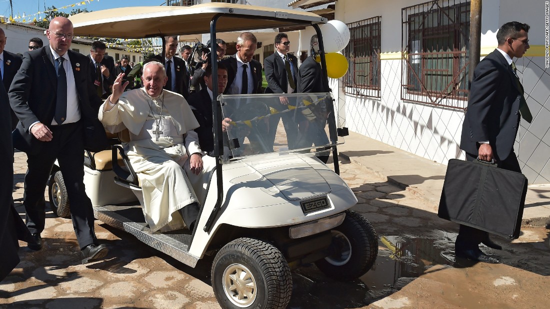 Pope Francis arrives for his visit with prisoners in Santa Cruz, Bolivia, on Friday, July 10, 2015. The Pope emphasized the plight of the poor during &lt;a href=&quot;http://www.cnn.com/2015/07/05/americas/gallery/pope-francis-south-america/index.html&quot; target=&quot;_blank&quot;&gt;his eight-day tour of South America,&lt;/a&gt; which also included stops in Ecuador and Paraguay.