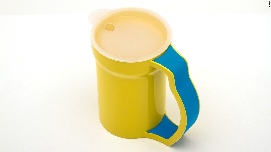 The yellow handled cup provides additional support, which prevents accidental spills, and is designed for patients with physical limitations, such as arthritis.