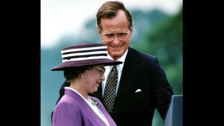 George H. W. Bush
Years in office: 1989 - 1993
President Bush Sr. visited the queen at Buckingham Palace in 1989 and in May 1991, she was guest of honor at a state dinner in the White House. The pair exchanged toasts about the legacy of human rights and the rule of law bequeathed upon the United States by Great Britain. Meanwhile the queen spoke about her previous visits to the White House, and the history of diplomatic relation between the two countries. &quot;The relationship between America and Great Britain, which perhaps has never been so special. We have got a lot of things in common. Americans shares the queen&#39;s love for horses ... Most of all what links our countries is less a place than an idea. The idea that for nearly 400 years has been America&#39;s inheritance and England&#39;s bequest. The legacy of democracy, the rule of law and basic human rights,&quot; said President Bush Sr. during his welcome address.
