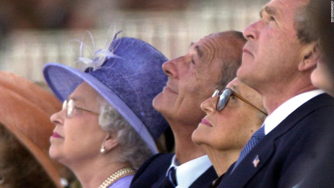 &lt;strong&gt;George W. Bush:&lt;/strong&gt; Bush visited Britain on an official state visit in 2003, and the Queen went to the United States in 2007 to celebrate the 400th anniversary of the founding of Jamestown. During his welcome speech, Bush fluffed his lines and said: &#39;&#39;You helped our nation celebrate its bicentennial in 17--. &quot; Realizing his mistake of suggesting the then-81-year-old queen had been on the throne since the 18th century, Bush turned to the monarch and winked at her. Later Bush said she gave him &quot;a look that only a mother could give a child.&quot; Here they are pictured in June 2004 watching a flyover in Arromanches, France. It was the 60th anniversary of the D-Day landings.