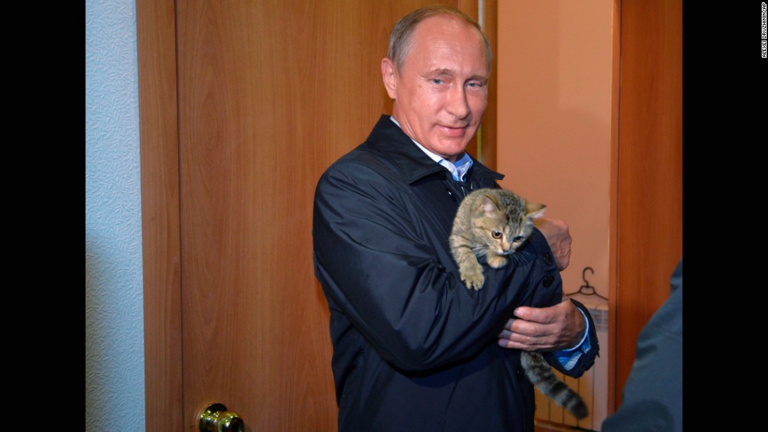 Putin holds a cat as he inspects housing built for victims of wildfires in the village of Krasnopolye, in a region in southeastern Siberia, Russia, on Friday, September 4.