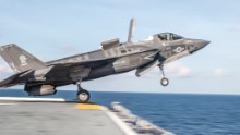 An F-35B takes off from the flight deck of the amphibious assault ship USS Wasp during testing in 2016.