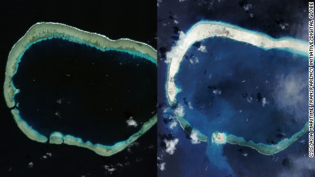 Mischief Reef in the South China Sea in January 2012, left, and in September 2015, right following Chinese land reclamation.