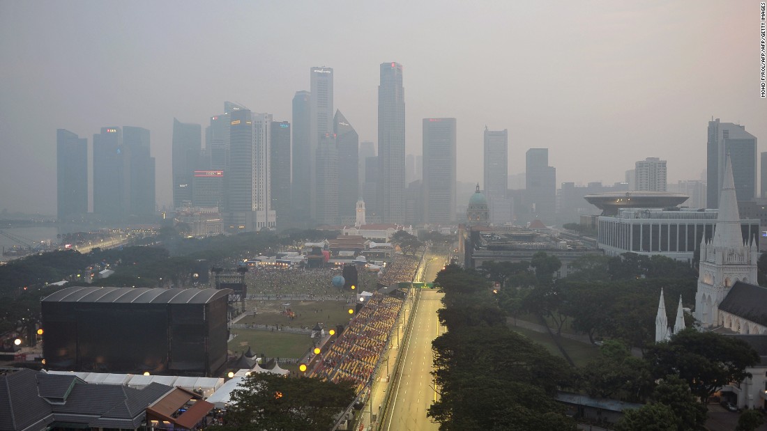 Smog shrouds the track in 2014 in this aerial view of the drivers&#39; parade before the start of the Grand Prix.