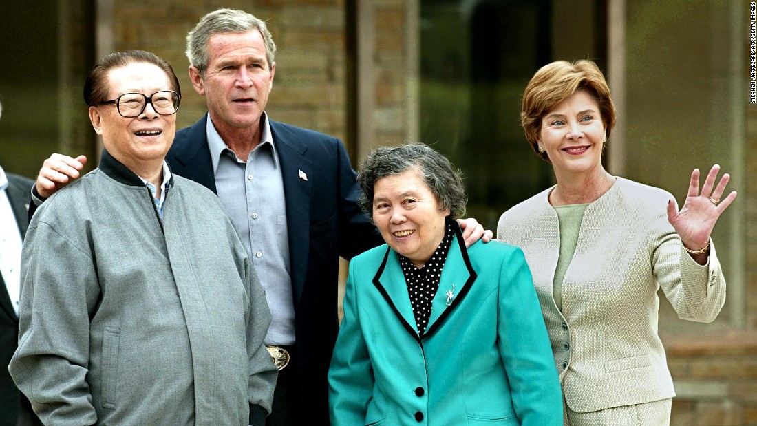 President George W. Bush and First Lady Laura Bush host former Chinese President Jiang Zemin and his wife, Wang Yeping, at Prairie Chapel Ranch in Crawford, Texas, on October 25, 2002. The meeting at Bush&#39;s 1,600-acre retreat, once known as the Western White House, was &quot;an opportunity for the president to work with the Chinese leader on a number of areas of mutual concern and to make progress in resolving outstanding differences,&quot; said Press Secretary Ari Fleischer in a written statement.