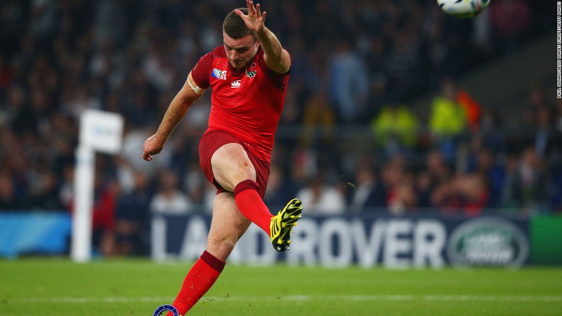 George Ford of England successfully converts under the lights at Twickenham.