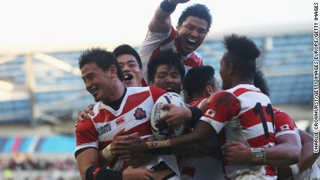  Ayumu Goromaru of Japan ceelbrates scoring the second try during the 2015 Rugby World Cup Pool B match between South Africa and Japan at the Brighton Community Stadium.