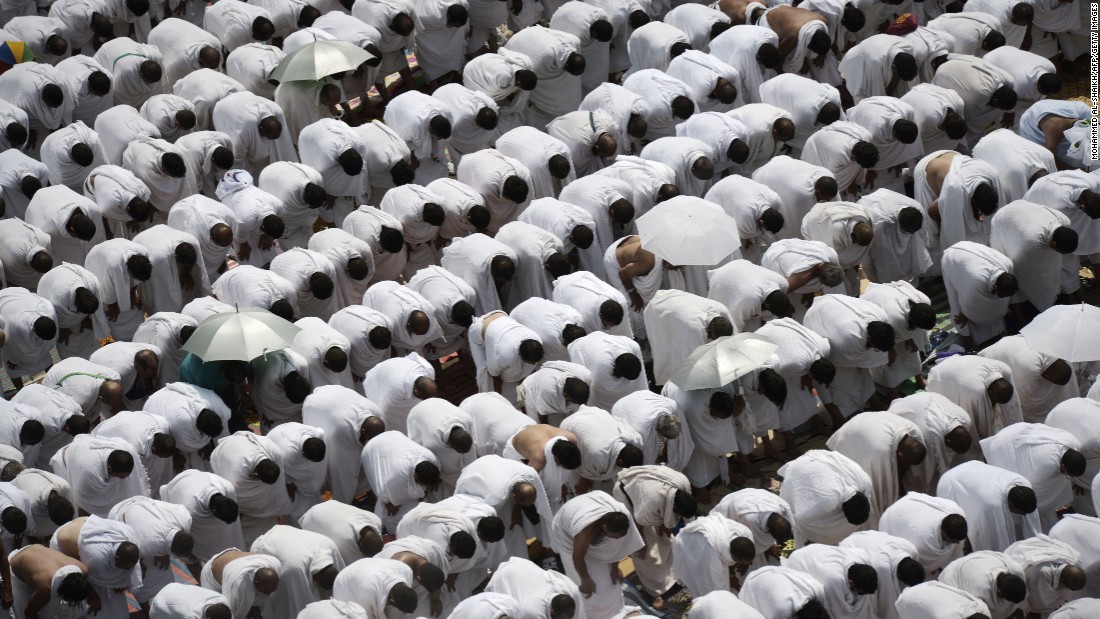 Muslim pilgrims pray at Namira Mosque on September 23 on Mount Arafat near Mecca. 