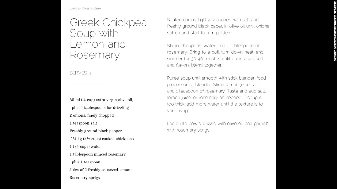 Chickpeas are a staple in the Mediterranean diet. Laurie Constantino fell in love with the Mediterranean flavor, which shows up in her Greek Chickpea Soup with Lemon and Rosemary soup.