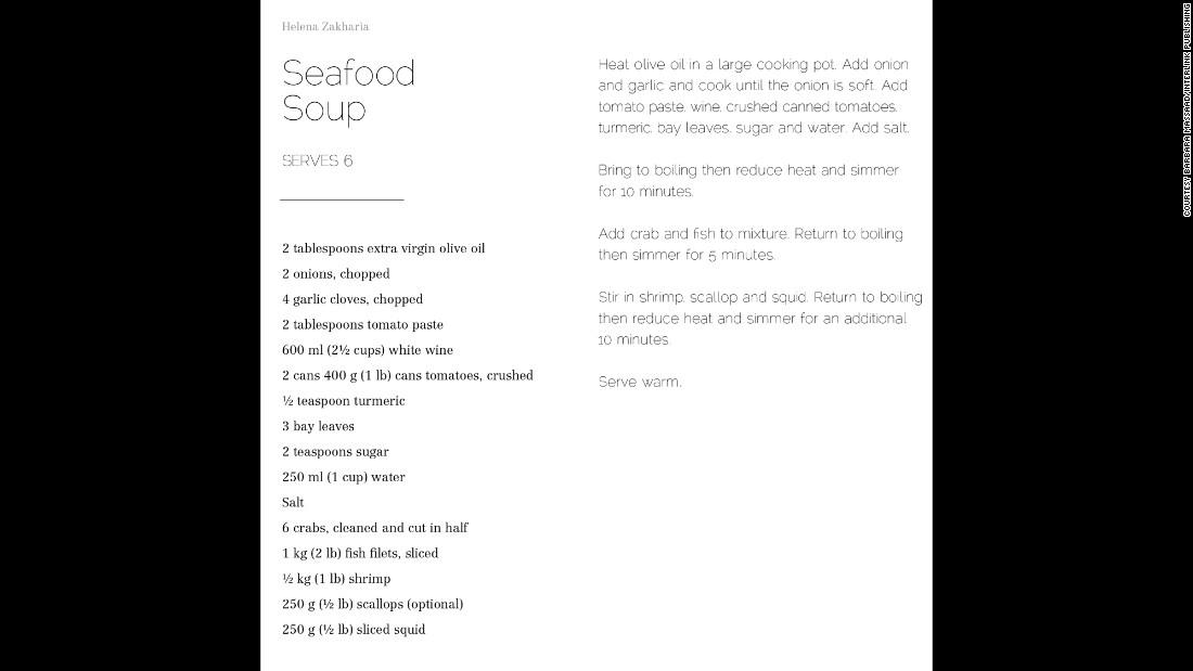Helena Krikorian Zakharia is originally from the Palestinian territories and had to flee as a child. She brought over 100 soup bowls from her house to help in photography for the cookbook &quot;Soup for Syria.&quot; Here, a recipe is featured in the seafood section.