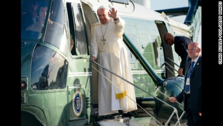 NEW YORK, NY - SEPTEMBER 24: Pope Francis boards a waiting helicopter during his arrival at John F. Kennedy International Airport September 24, 2015 in New York City. The Pope is on his first trip to the United States, visiting Washington, DC, New York and Philadelphia. (Photo by Craig Ruttle-Pool/Getty Images)