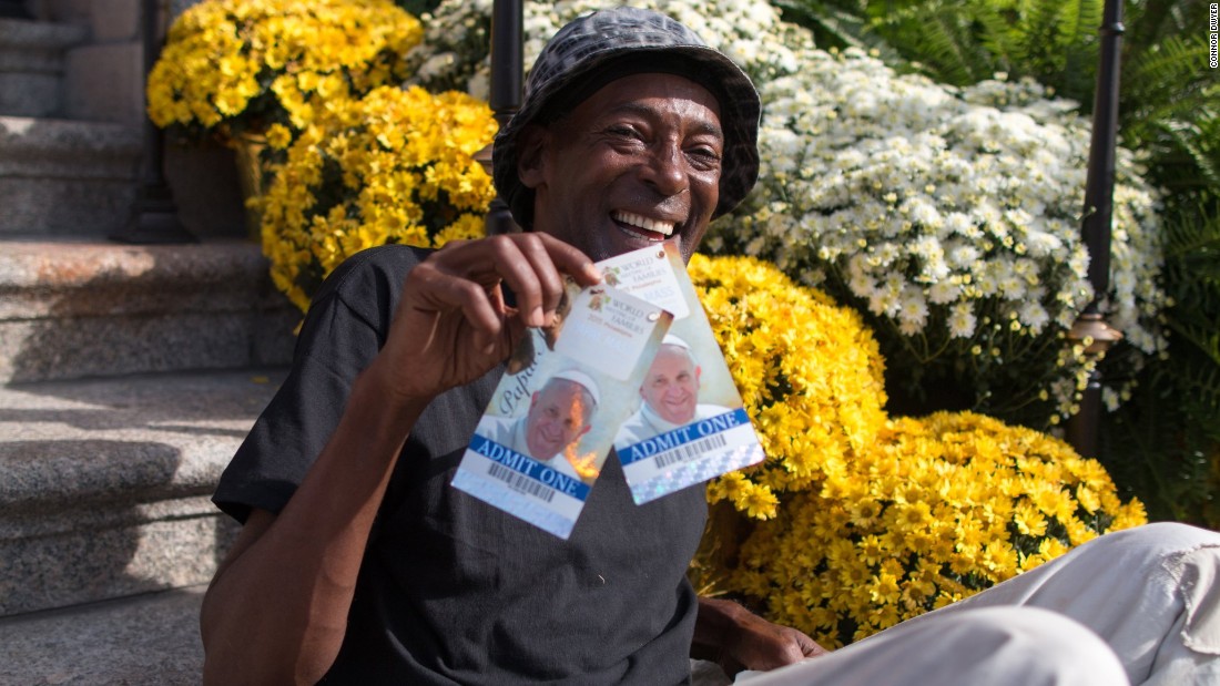 Michael was one of the homeless men who received a ticket to attend the Saturday Mass. He was very excited to have gotten a ticket for his son as well.