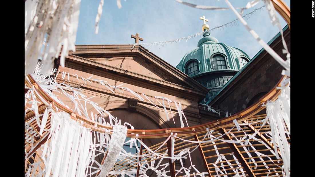 The Knotted Grotto, outside the Basilica of Saints Peter and Paul, was a community art piece, led by artist Meg Saligman, that incorporated prayers written on strips of fabric. 