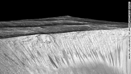 NASA says it found proof of water in dark streaks like these, called recurring slope lineae, on the walls of the Garni Crater on Mars.