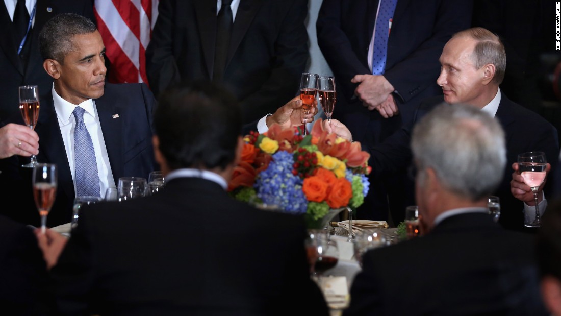 Barack Obama and Russian President Valdimir Putin toast during a luncheon hosted by United Nations Secretary-General Ban Ki-moon during the 70th annual U.N. General Assembly on September 28 in New York City.