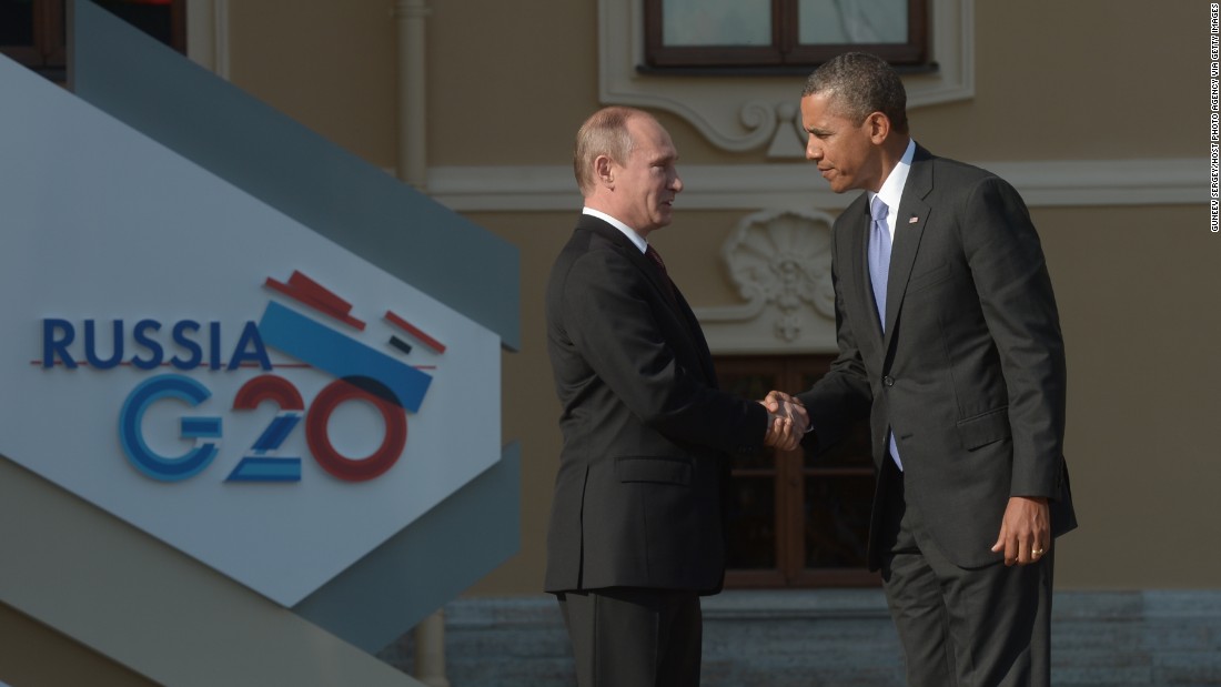 Putin greets Obama at the G-20 summit on September 5, 2013 in St. Petersburg, Russia. The United States and Russia have been squaring off over the bloody civil war in Syria.