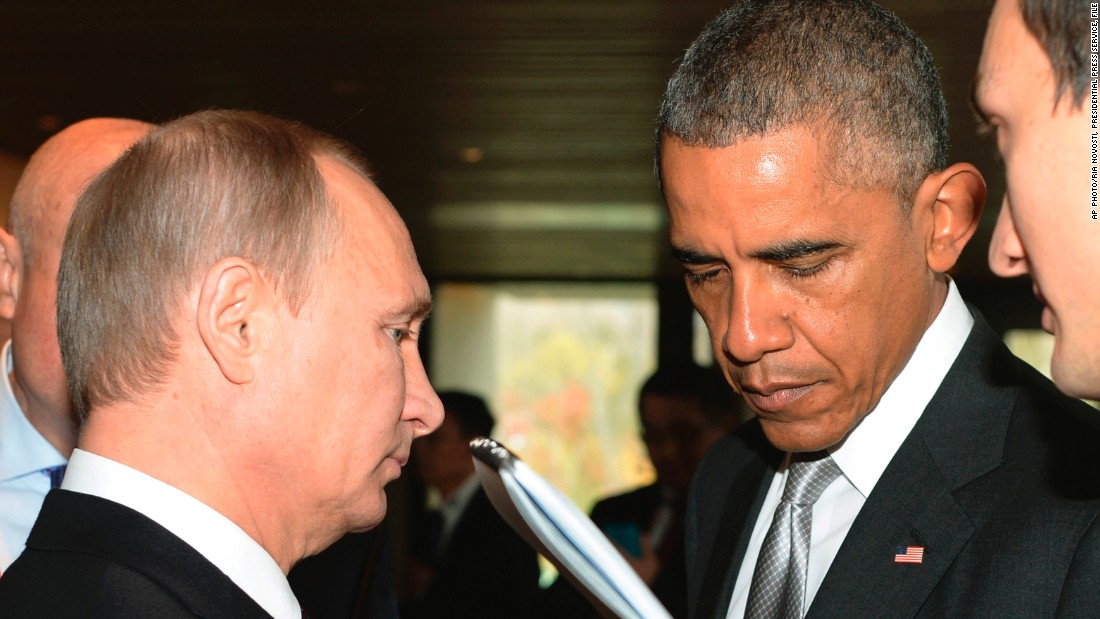 Putin speaks with Obama during the Asia-Pacific Economic Cooperation summit in Beijing, China on November 11, 2014. U.S.-Russia relations have descended to a new low since Russia annexed Crimea in March. 