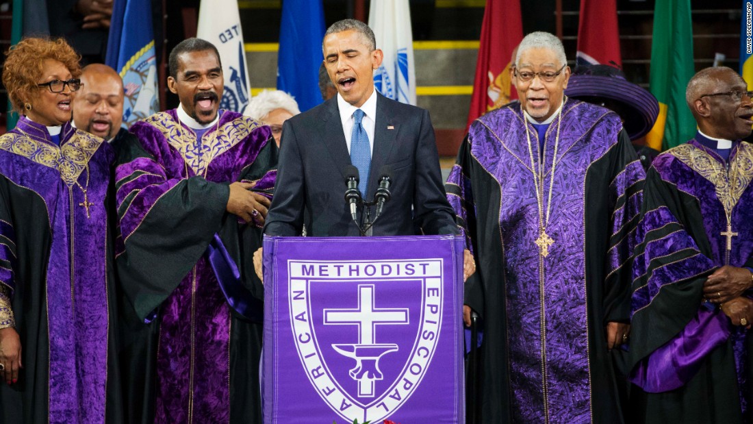 Obama sings &quot;Amazing Grace&quot; during a service in June 2015 honoring the life of the Rev. Clementa Pinckney, a South Carolina lawmaker. Pinckney was one of nine people killed in a shooting at a church in Charleston, South Carolina.