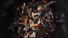 Handguns that were swapped for gift cards during a Los Angeles Police Department sponsored gun buyback event in Los Angeles, California on December 13, 2014.  The city held the event in three locations and the public were able safely and anonymously surrender firearms in exchange for $100 and $200 gift cards.    AFP PHOTO/MARK RALSTON        (Photo credit should read MARK RALSTON/AFP/Getty Images)