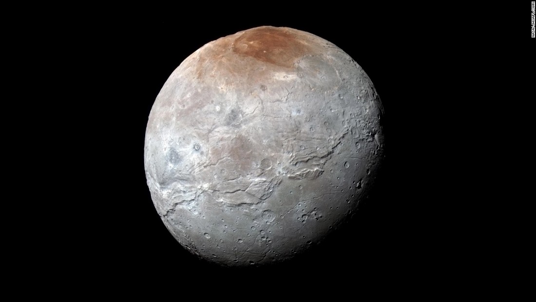 &lt;a href=&quot;http://www.nasa.gov/feature/pluto-s-big-moon-charon-reveals-a-colorful-and-violent-history&quot; target=&quot;_blank&quot;&gt;Pluto&#39;s largest moon, Charon&lt;/a&gt;, in seen in enhanced color in this image taken by NASA&#39;s New Horizons spacecraft. The space probe took the image just before it made its closest approach on July 14. The image combines blue, red and infrared images to best highlight the moon&#39;s surface features. Charon is 754 miles (1,214 kilometers) across. The image was released on October 1. 