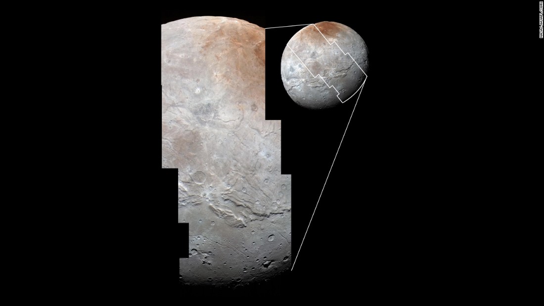 Images from two instruments on New Horizons are combined in this photo to &lt;a href=&quot;http://www.nasa.gov/feature/pluto-s-big-moon-charon-reveals-a-colorful-and-violent-history&quot; target=&quot;_blank&quot;&gt;show Charon&#39;s cratered uplands&lt;/a&gt; at the top and a series of canyons. The bottom of the image shows rolling plains.