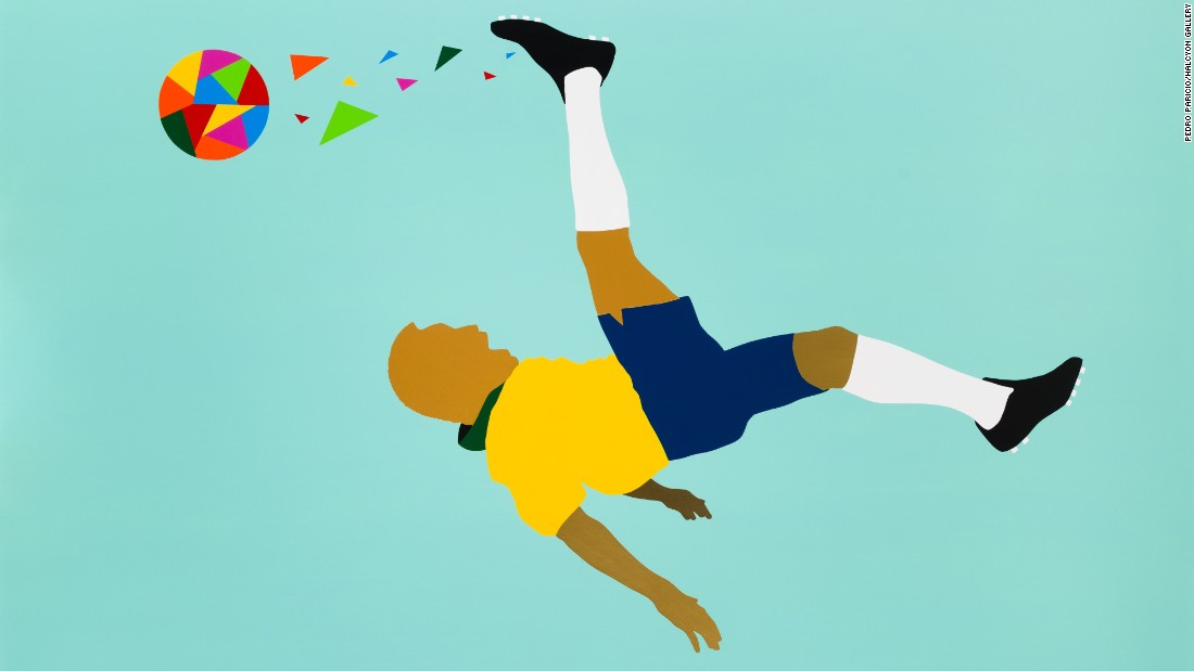 Born into poverty in the Brazilian state of Minas Gerais, Pele&#39;s early steps in the game were made with a grapefruit at his feet. He would go to become one of the greatest players the game has ever seen. Paricio&#39;s work depicts Pele executing an overhead kick.