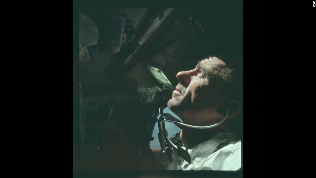 Astronaut Walter Cunningham aboard Apollo 7 in October 1968. Apollo 7 was the first manned Apollo flight.