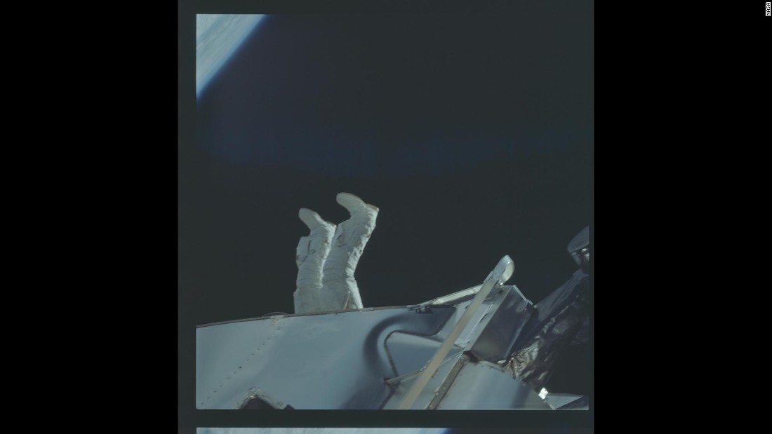 Astronaut Russell Schweickart&#39;s feet are seen during one of Apollo 9&#39;s spaceflights.